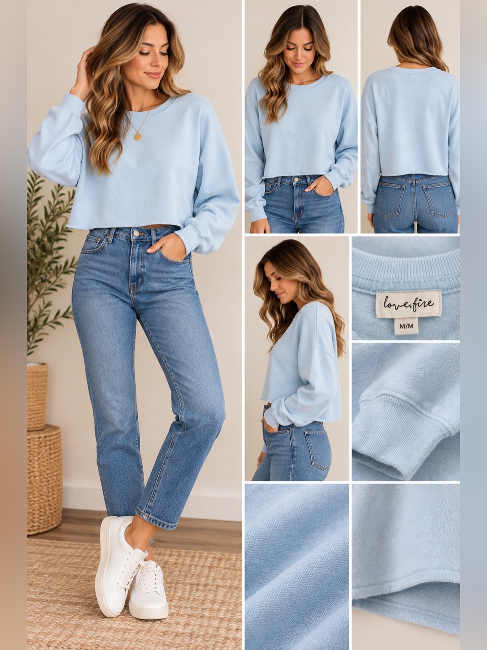 love, Fire Pale Blue Crop Sweatshirt Relaxed Cozy Pullover M